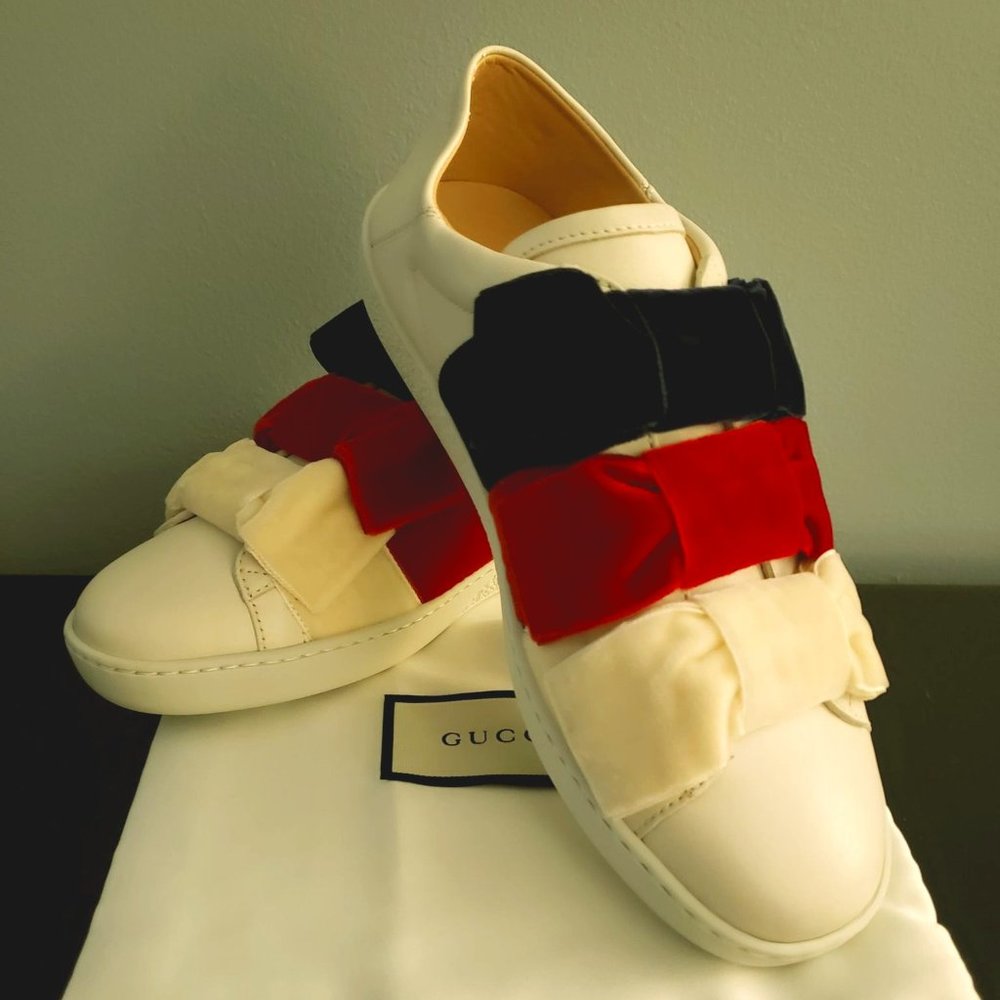 GUCCI Womens Leather Ace Sneaker w/ Sylvie BOW NIB